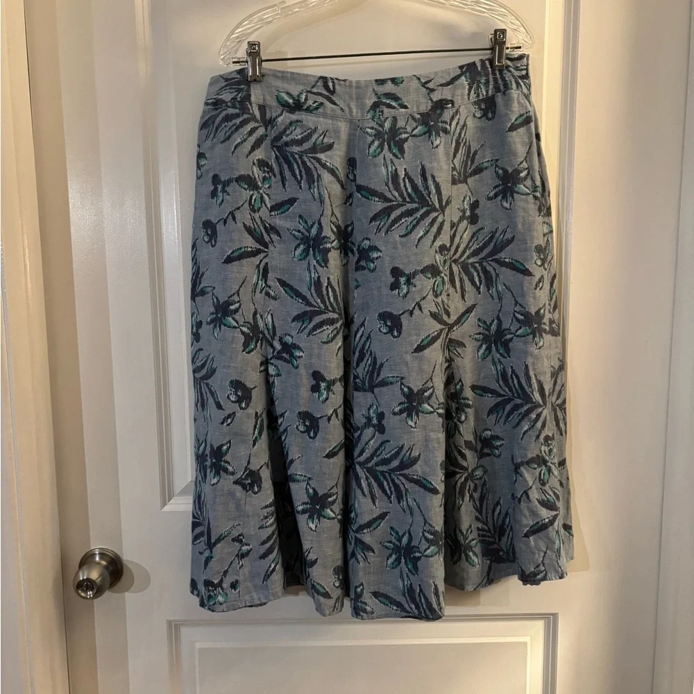 JM Collection Blue Floral Linen A-Line Midi Skirt Sz 16